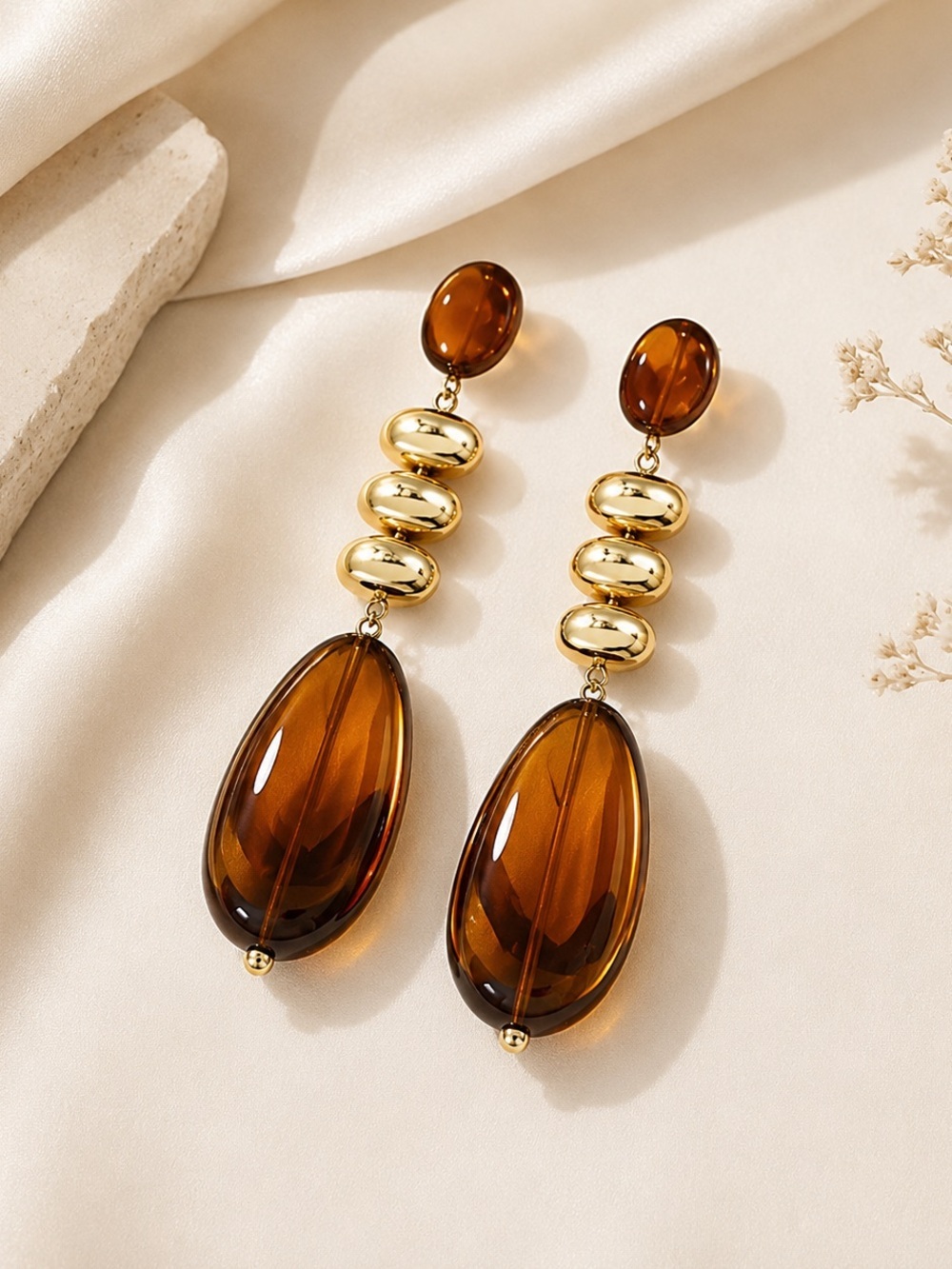 Vintage Boho Tortoiseshell Amber & Gold Long Dangle Earrings - Picture 6 of 6
